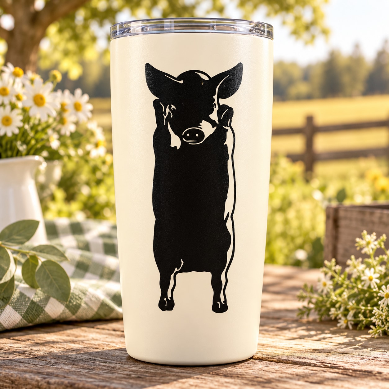 Standing pig decal silhouette on cream tumbler, black pig standing