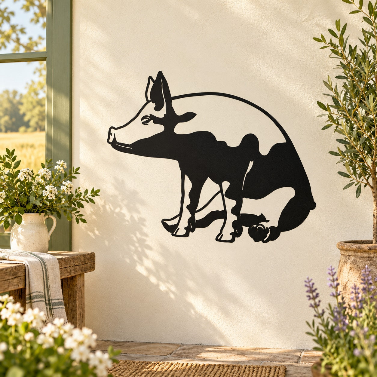 Sitting pig wall decal with black silhouette, arched tail and curled legs