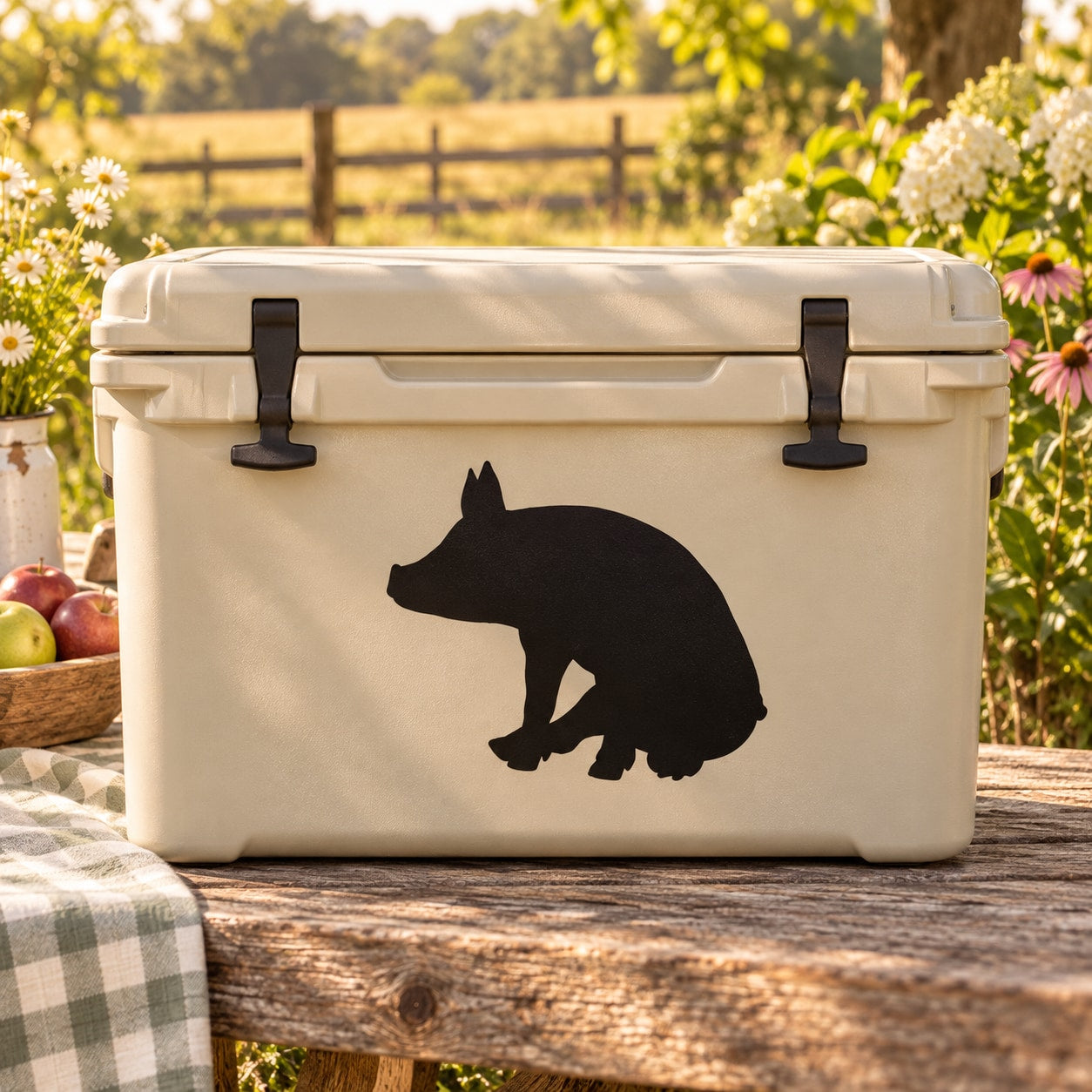 Black pig silhouette decal on light-colored cooler