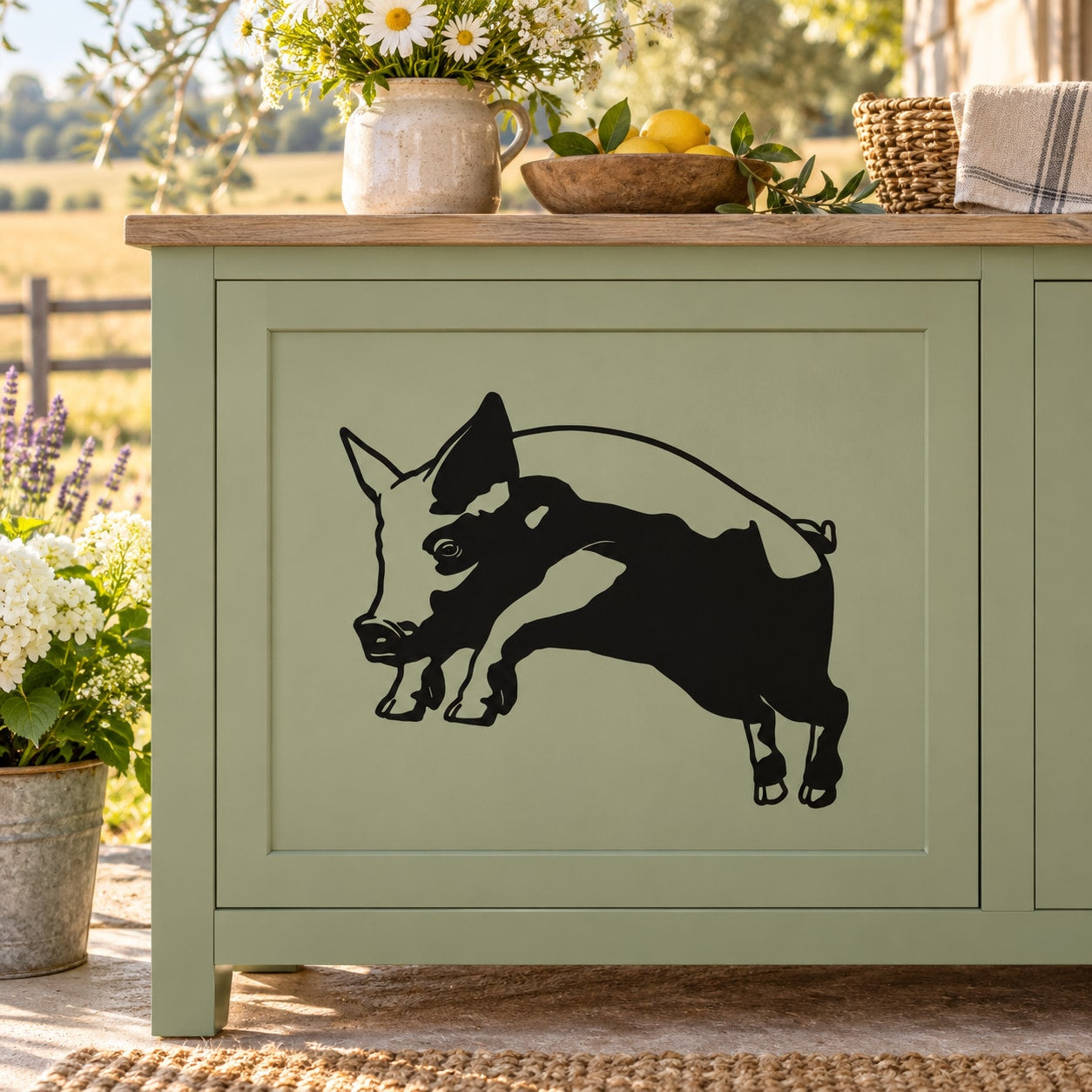 Leaping pig wall decal, black silhouette
