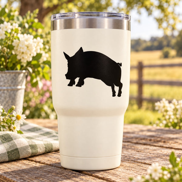 Leaping pig silhouette decal on white tumbler, black pig graphic