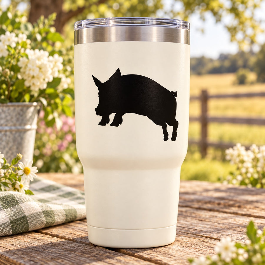 Leaping pig silhouette decal on white tumbler, black pig graphic