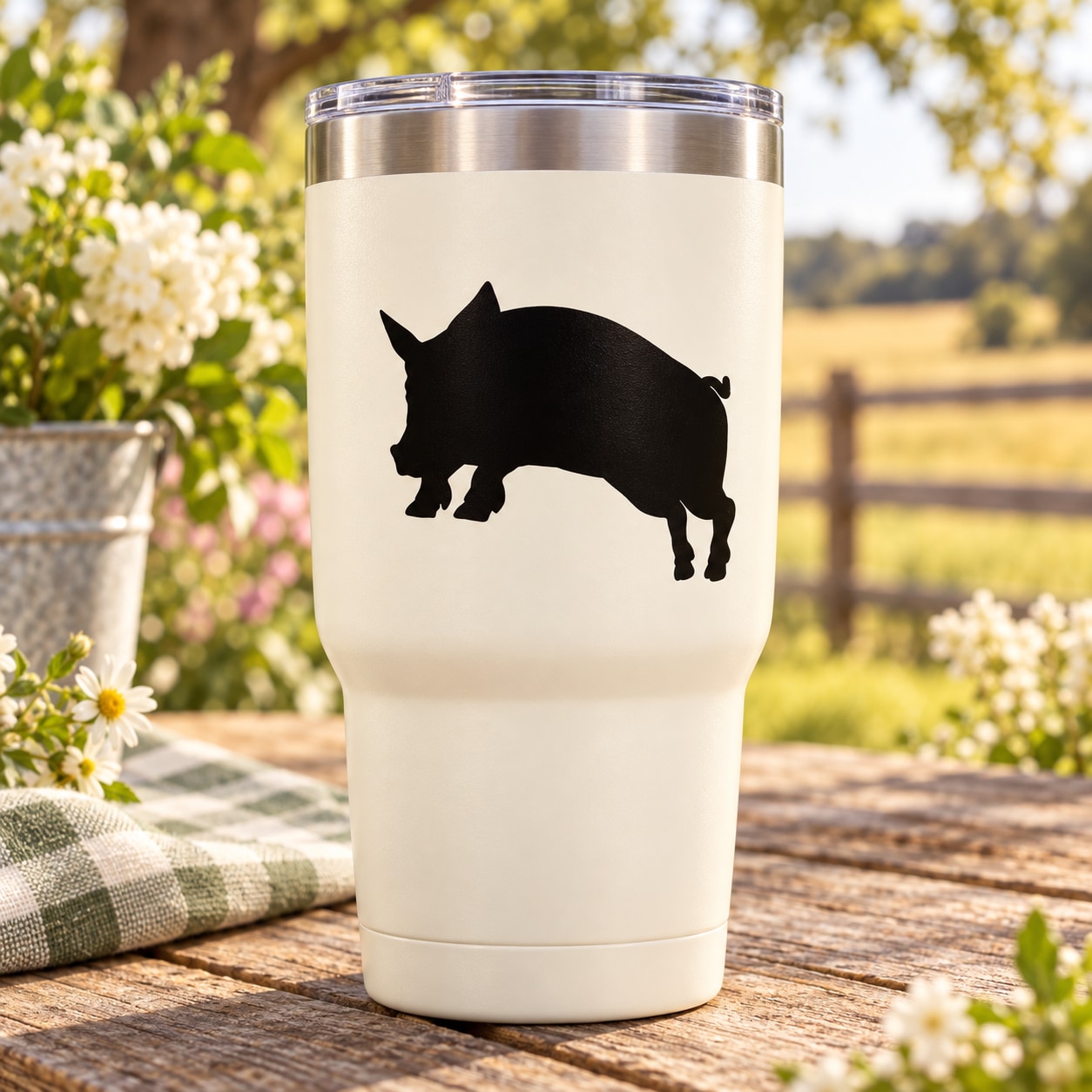 Leaping pig silhouette decal on white tumbler, black pig graphic