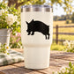 Leaping pig silhouette decal on white tumbler, black pig graphic