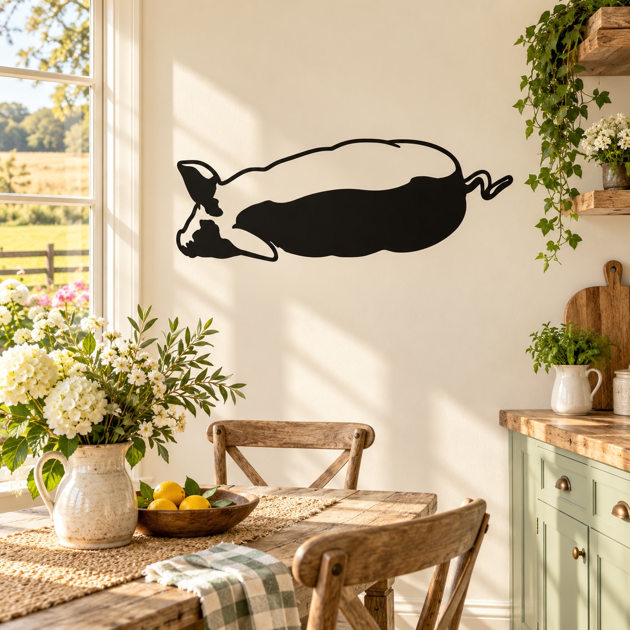 Rolling pig decal in black vinyl silhouette on a wall