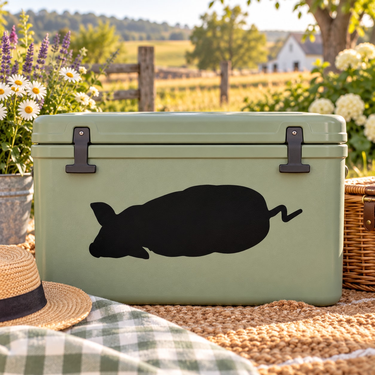 Pig silhouette decal on light green cooler with black carrying straps