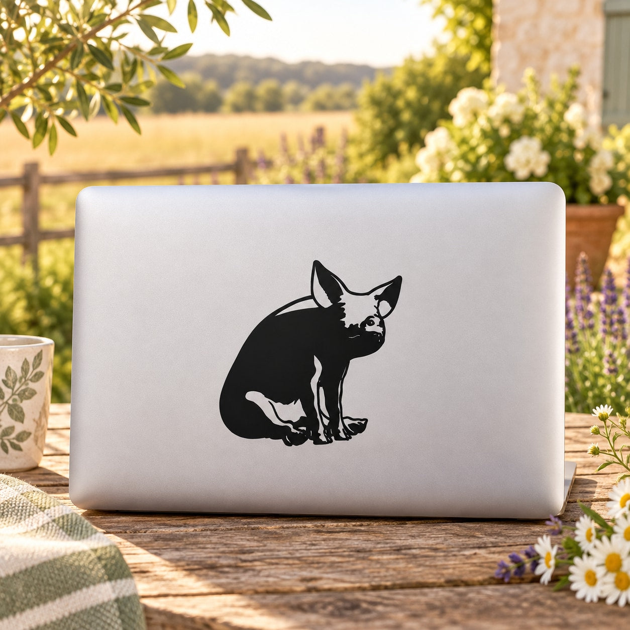 Black sitting pig silhouette decal for laptop