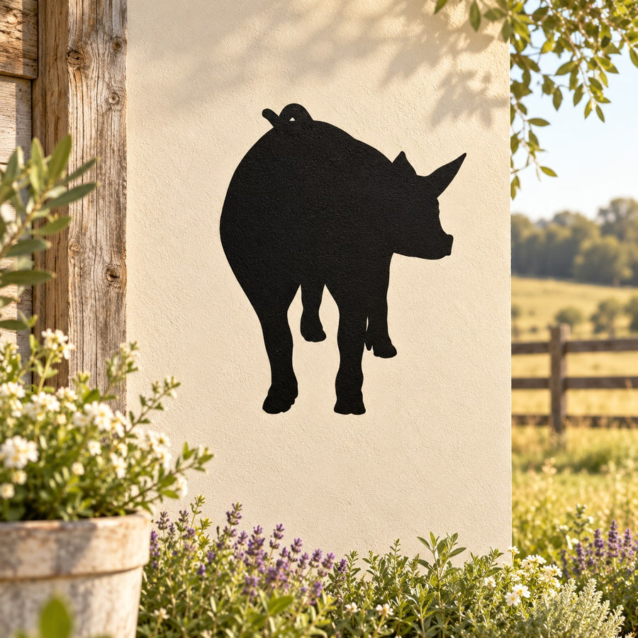 Pig silhouette wall decal, black cutout of hind pig on light background