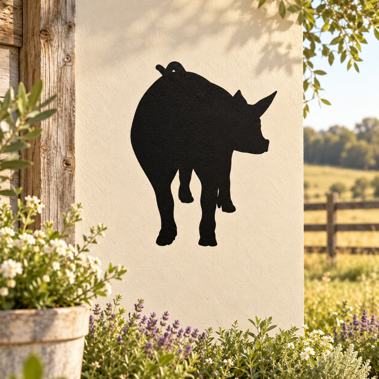 Pig silhouette wall decal, black cutout of hind pig on light background
