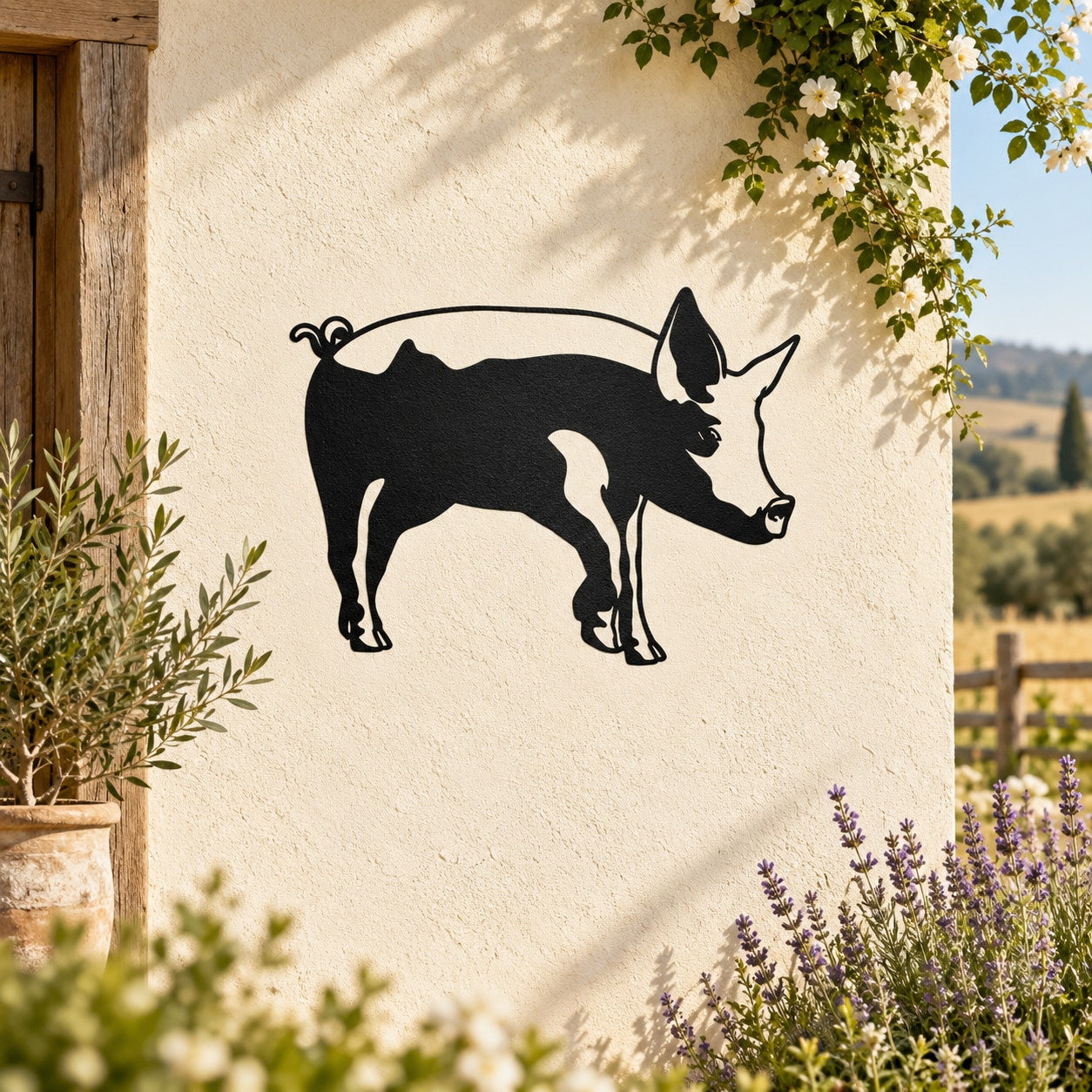 Black pig silhouette decal with arched tail, digging pig design