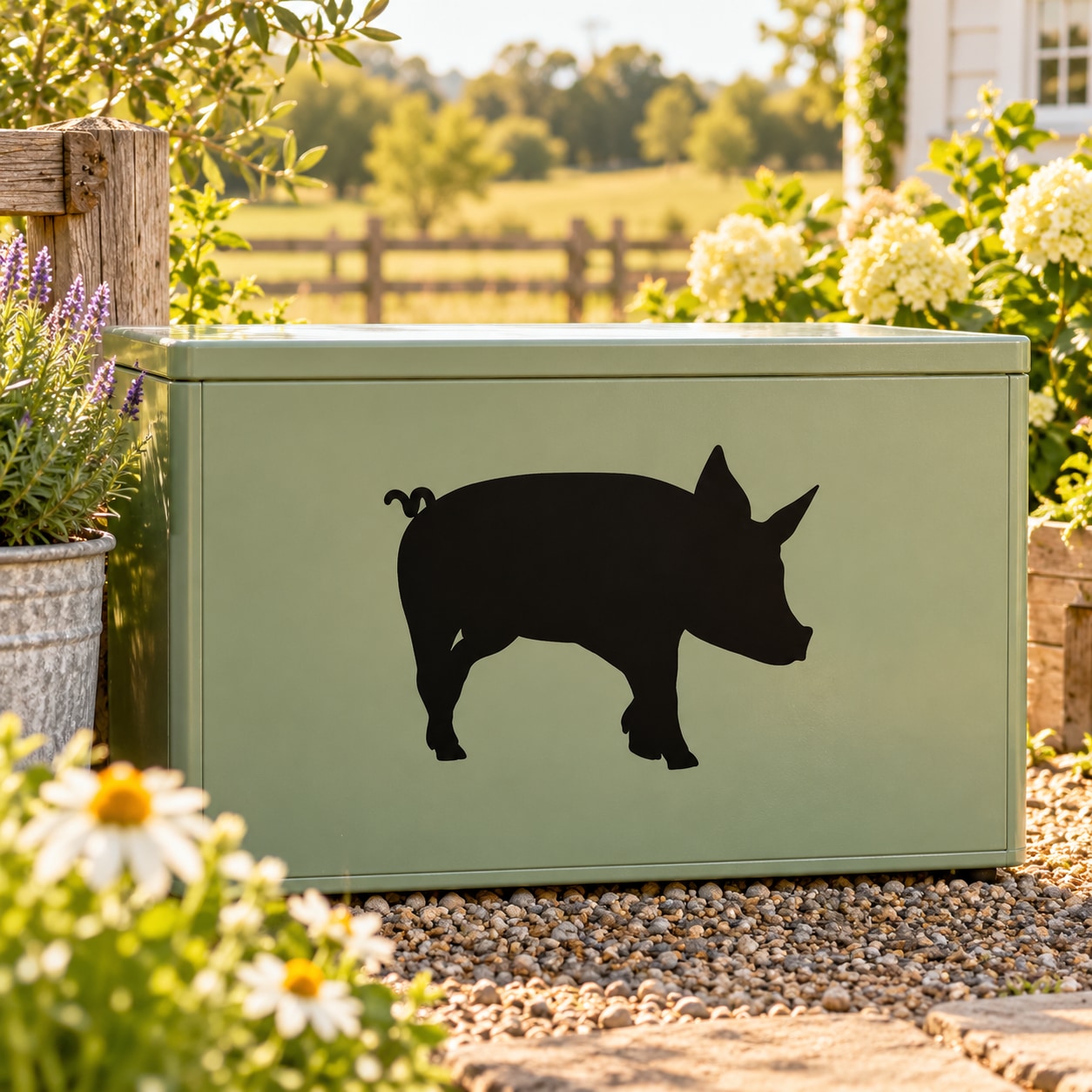 Pig silhouette decal with a black digging pig on a light green rectangular panel