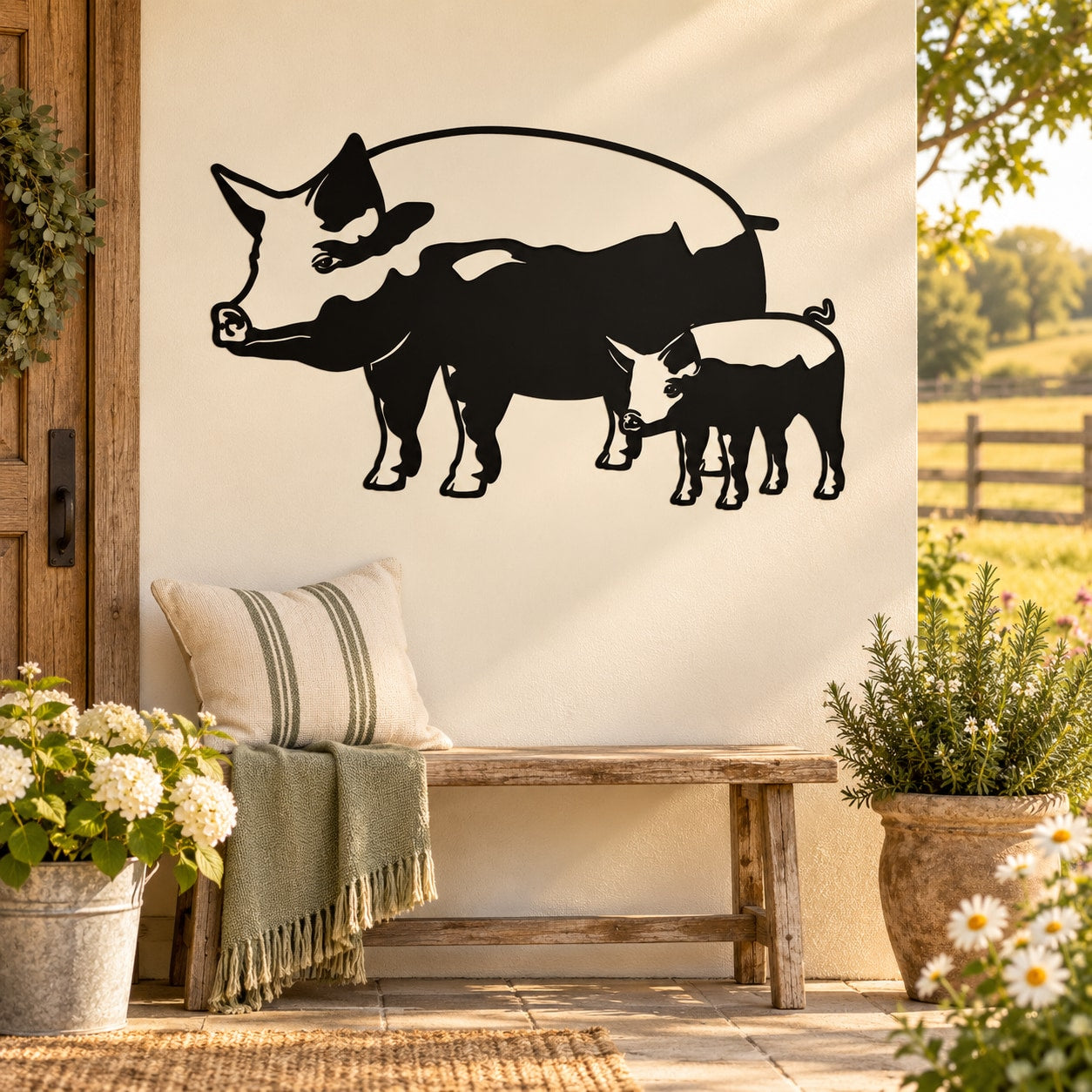 Pig family standing decal with black pig and piglets silhouette