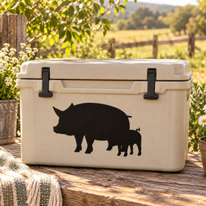 Standing pig family silhouette decal, black design on a white cooler