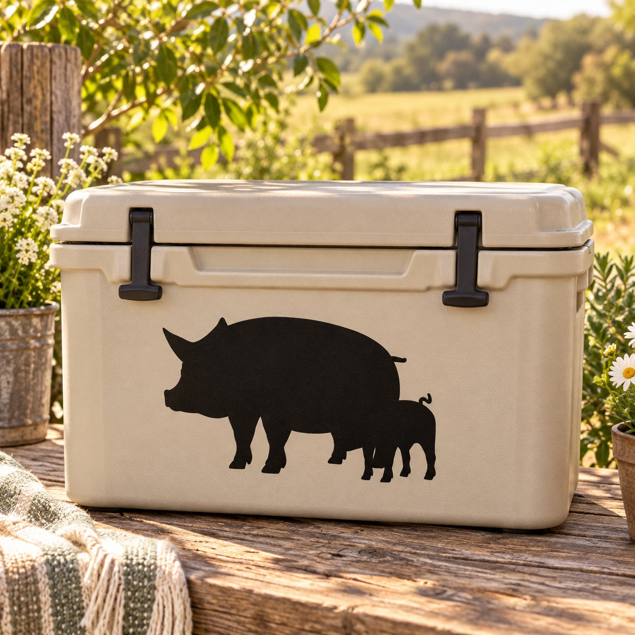 Standing pig family silhouette decal, black design on a white cooler