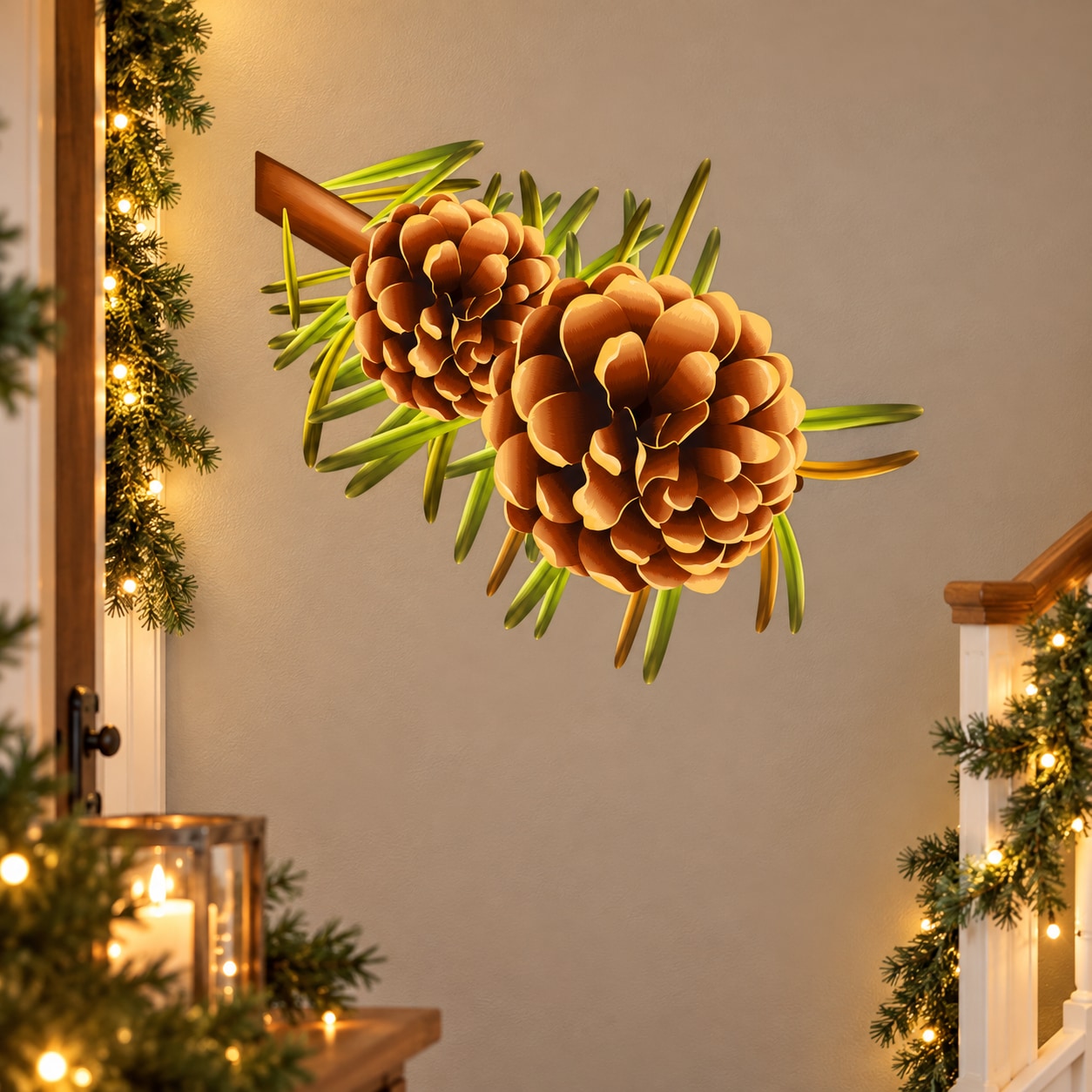 Realistic Pinecone and Branch Sticker — illustrative vinyl decal application mockup. Surrounding objects are not included.