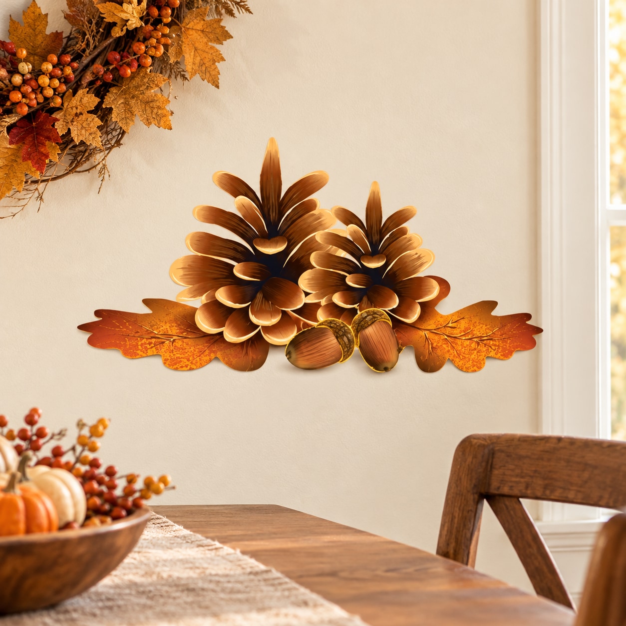 Autumn pinecone and leaf printed wall decal with two pinecones at center