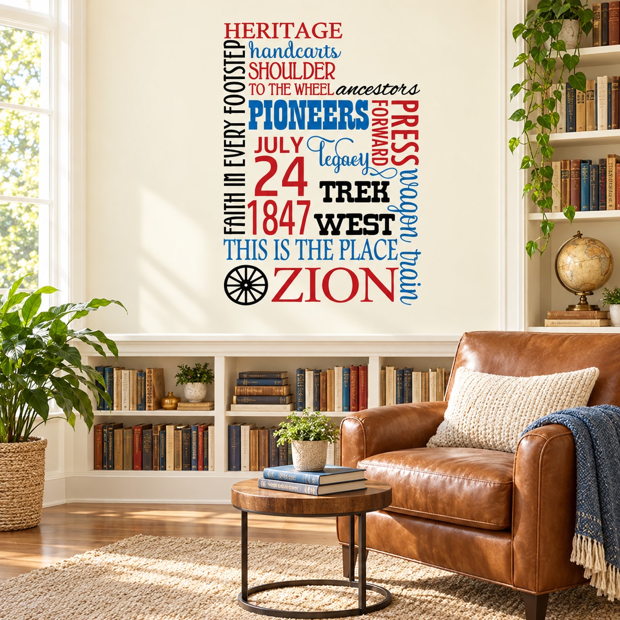 Heritage word collage wall decal with multi-color quotes and Zion text