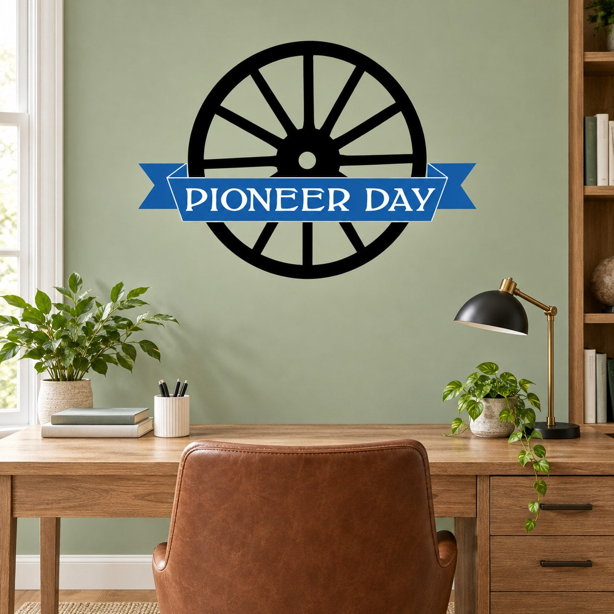 Pioneer Day vinyl wall decal with wagon wheel graphic and blue banner text