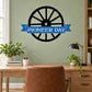 Pioneer Day vinyl wall decal with wagon wheel graphic and blue banner text