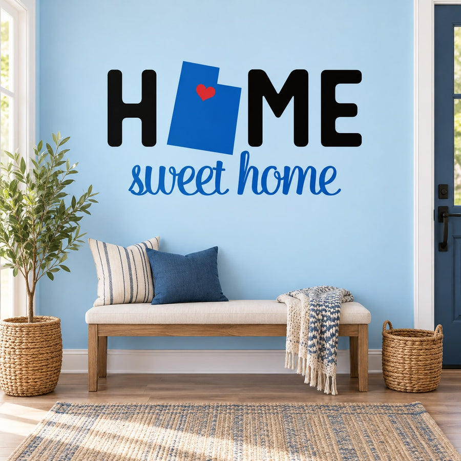 Utah home sweet home wall decal with blue map and red heart, black and blue lettering