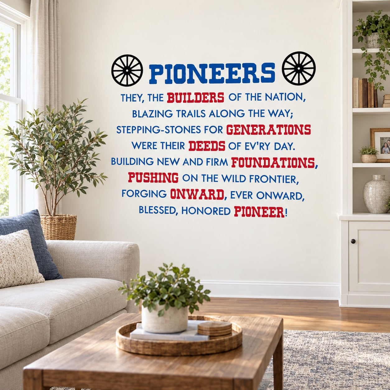 Pioneers wall decal with black wheel icons and blue quote lettering