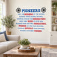 Pioneers wall decal with black wheel icons and blue quote lettering