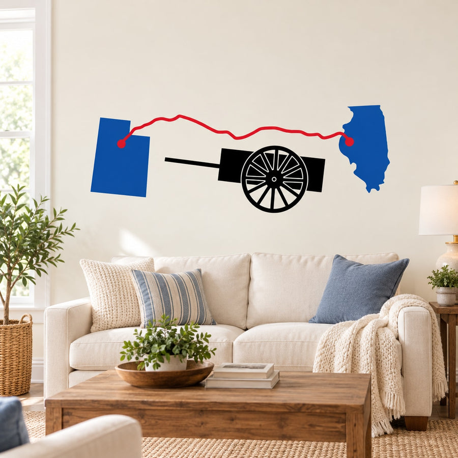 Carriage wheel decal with blue state outlines and red border line