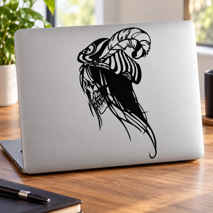Black pirate skull decal with hat and ribbon for laptops, phones, and cases