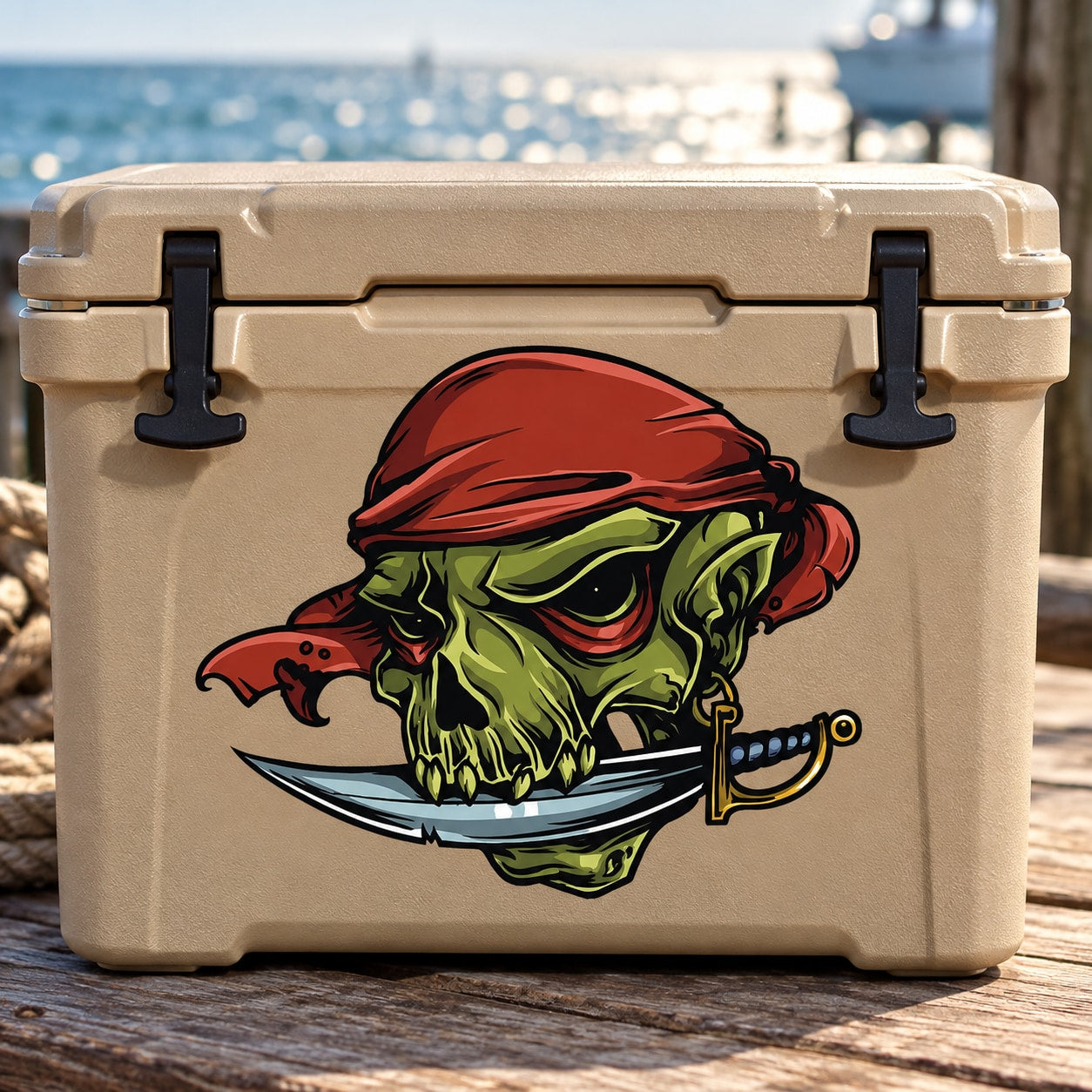 Pirate skull sticker with dagger, red hair and green skull illustration