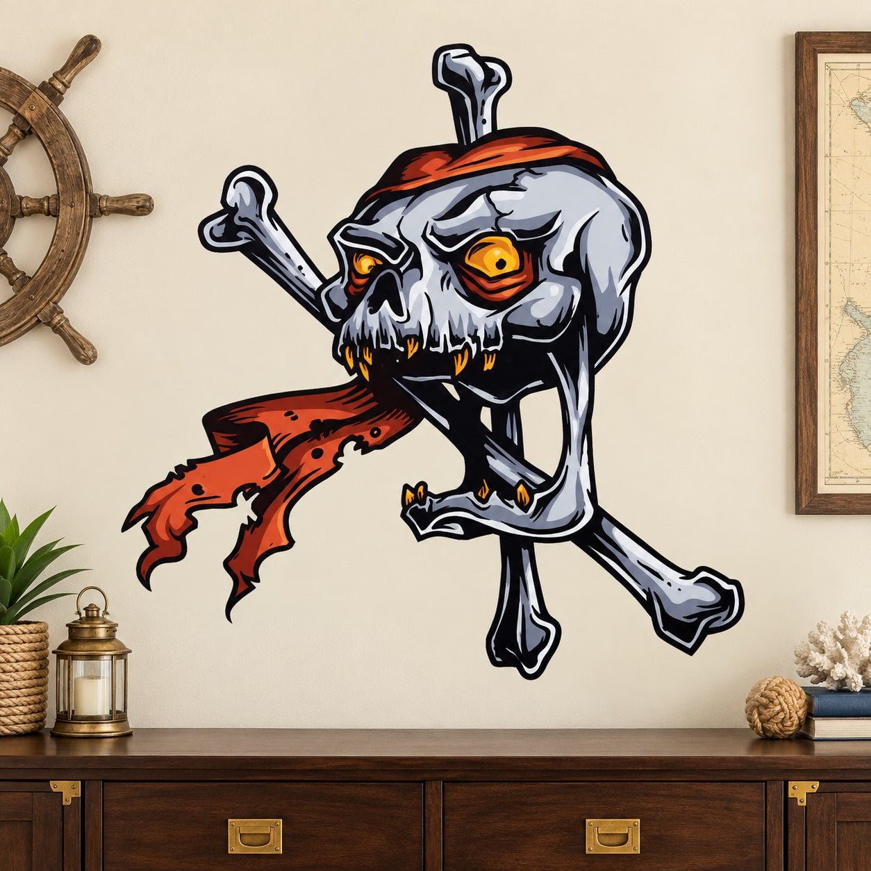 Pirate skull and crossbones sticker with orange-red hat and crossed bones