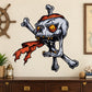 Pirate skull and crossbones sticker with orange-red hat and crossed bones