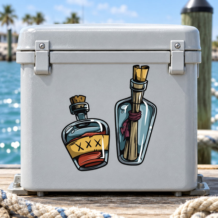 Pirate message in a bottle sticker with two illustrated bottles