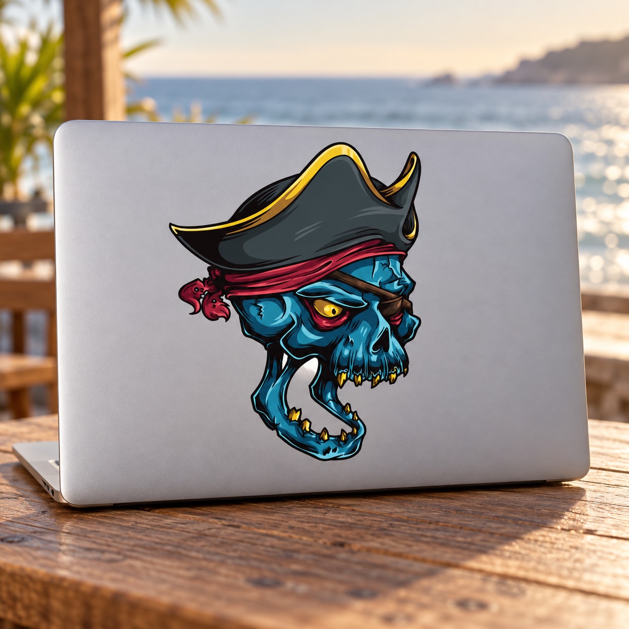 Pirate skull sticker with eyepatch and tricorn hat design