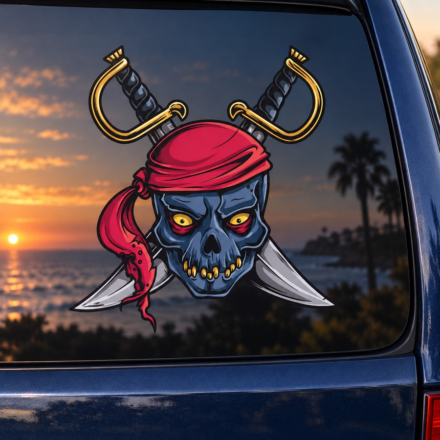 Pirate skull and crossed swords sticker with red bandana, yellow eyes, and black blades