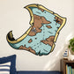 Pirate map sticker with teal and tan island map, dotted routes, and skull icon