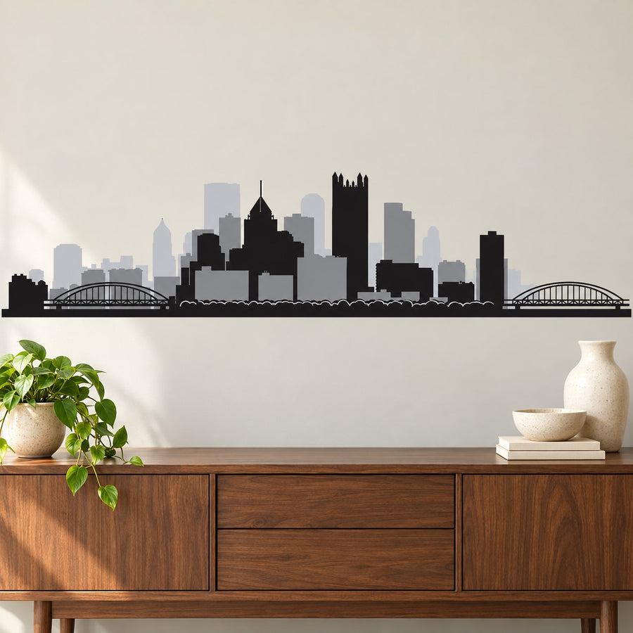 Pittsburgh Pennsylvania Skyline Decal — illustrative vinyl decal application mockup. Surrounding objects are not included.