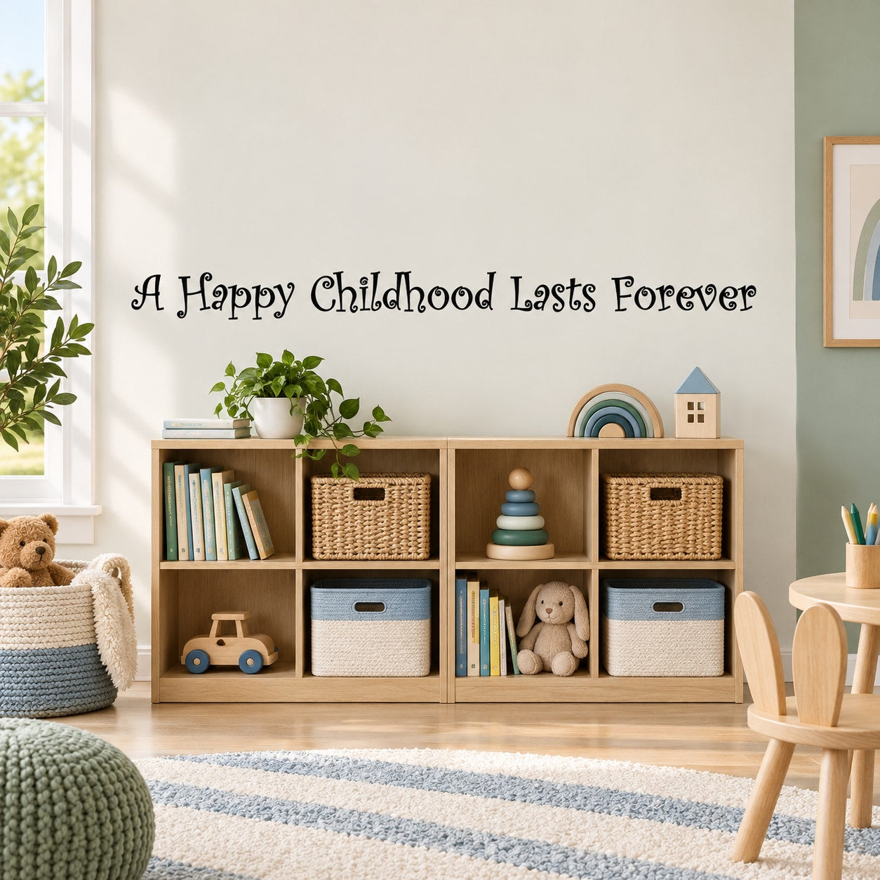 Inspirational wall decal reading "A Happy Childhood Lasts Forever"