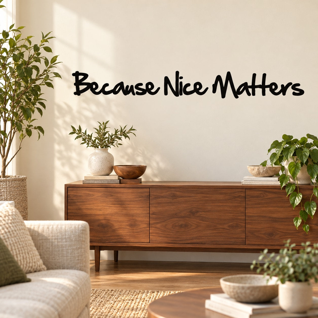 Wall decal with "Because Nice Matters" black script lettering