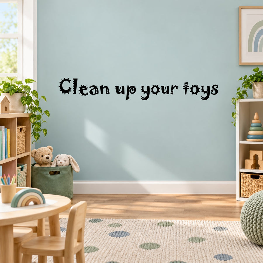 Black 'Clean up your toys' wall decal, chunky playful lettering.