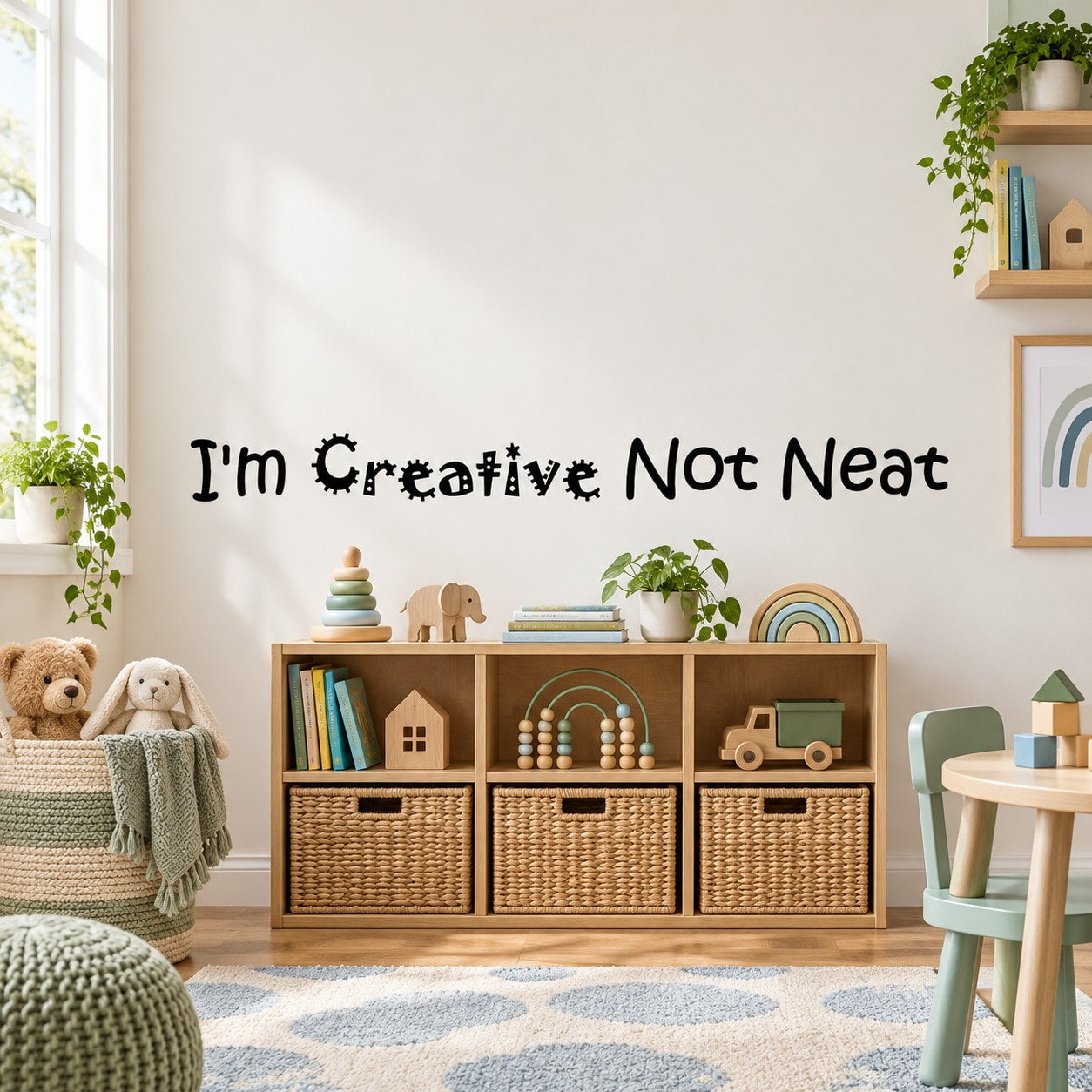 Wall decal: 'I'm Creative Not Neat' playful multicolor lettering