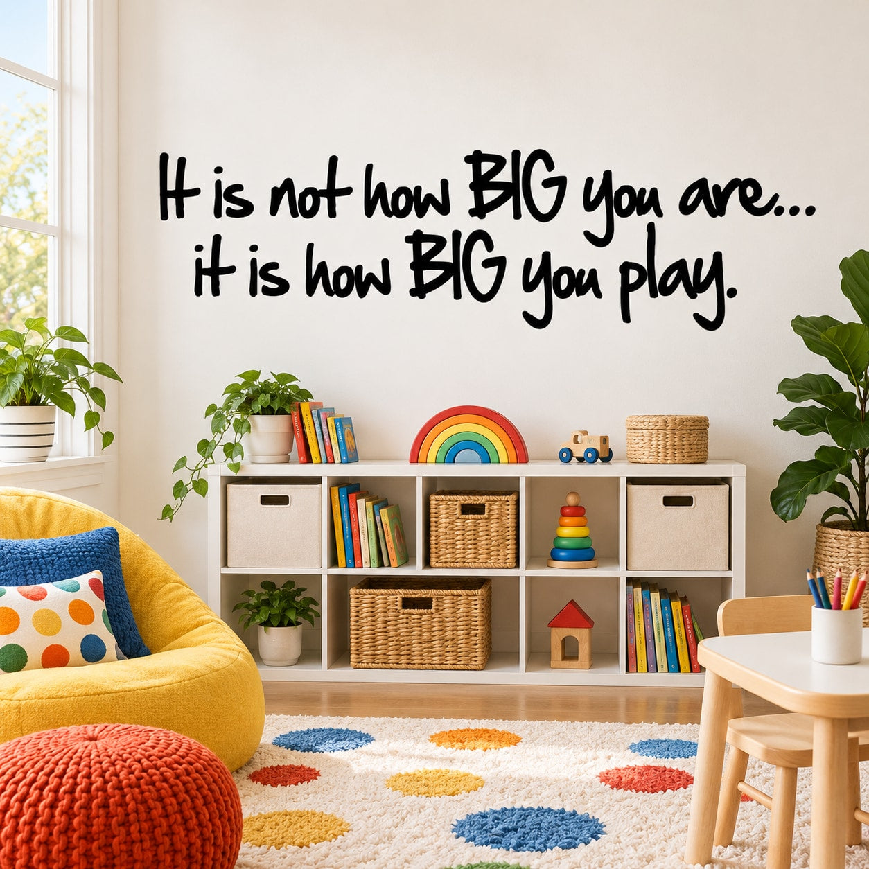 Motivational wall decal with bold black quote: It is not how BIG you are...; It is how BIG you play.