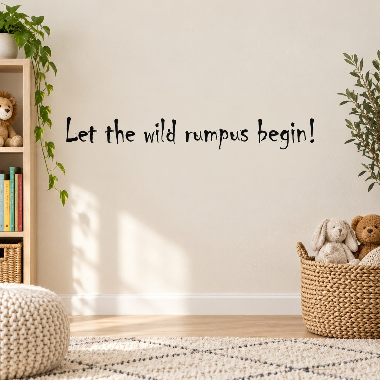 Text wall decal: "Let the wild rumpus begin!" in playful script