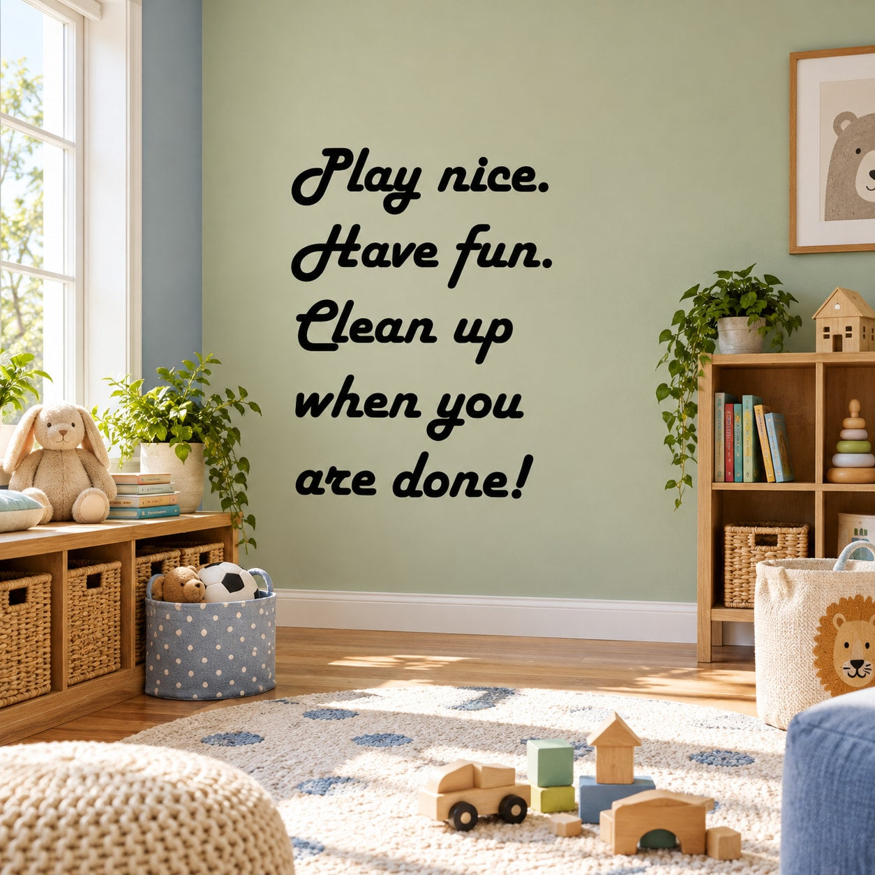 Wall decal text: Play nice. Have fun. Clean up when you are done!