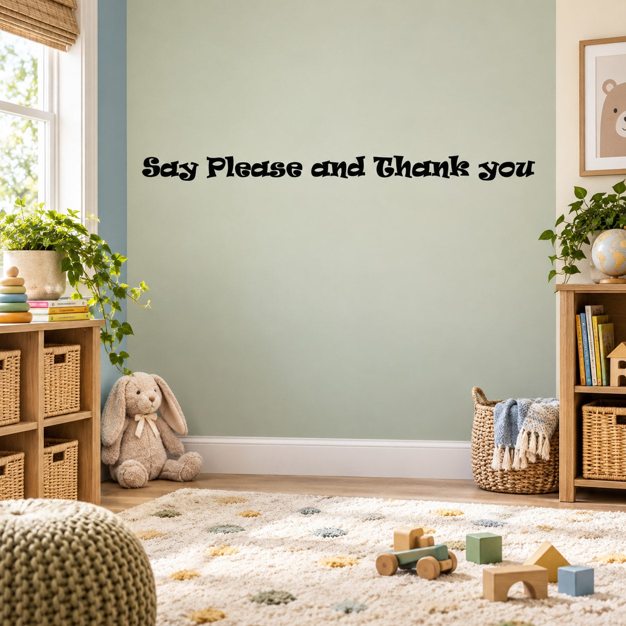 Wall decal with “Say Please and Thank you” phrase in black lettering