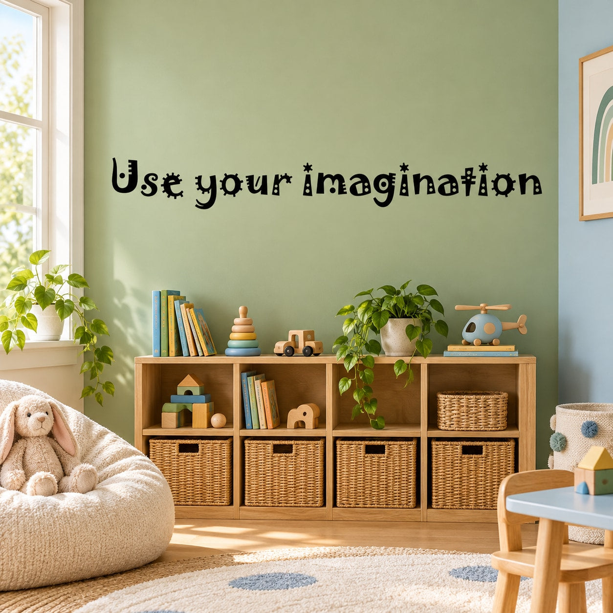 Text wall decal reading "Use your imagination" in black outlined letters