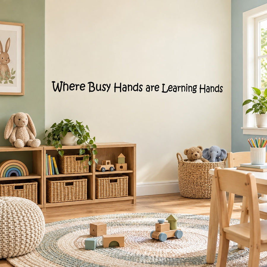 Wall decal with quote 'Where Busy Hands are Learning Hands' in black script