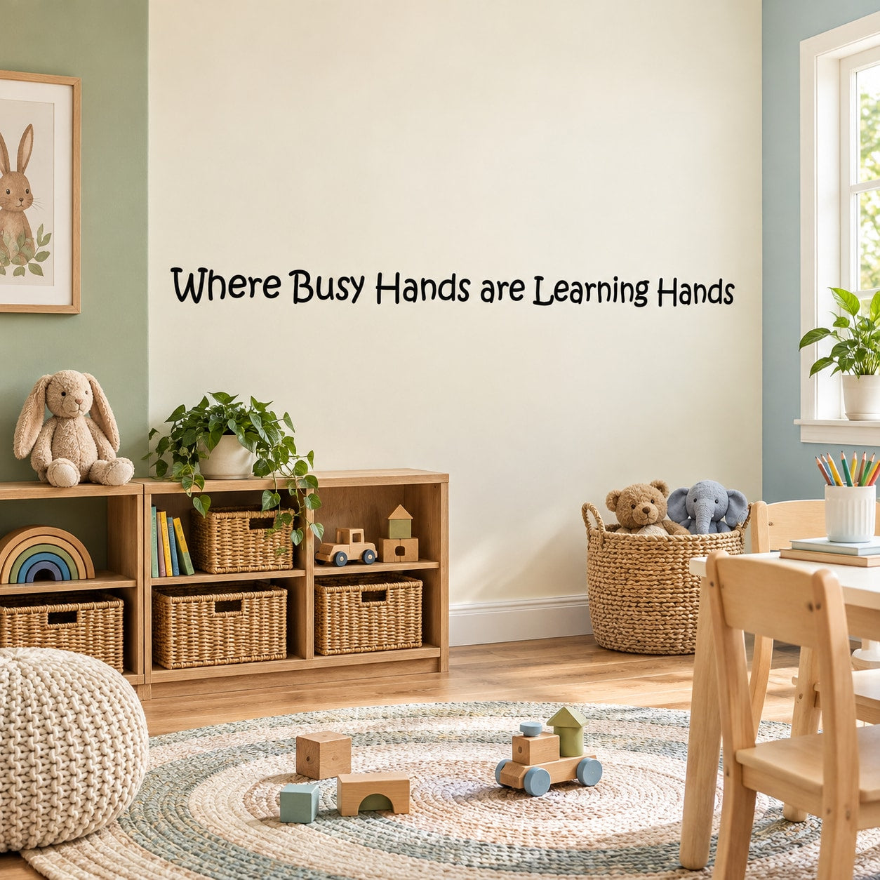 Wall decal with quote 'Where Busy Hands are Learning Hands' in black script