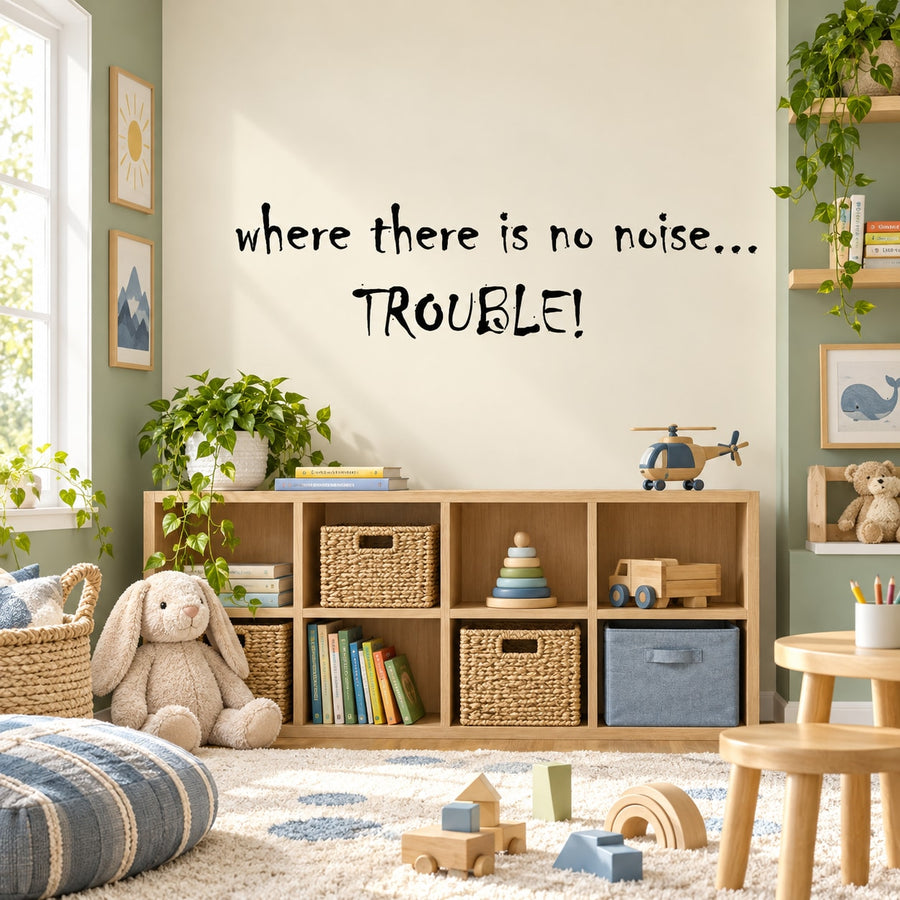 Wall decal with “where there is no noise...” and “TROUBLE!” text