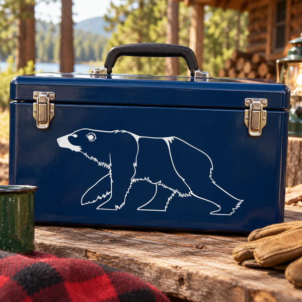 Blue charging polar bear decal on suitcase