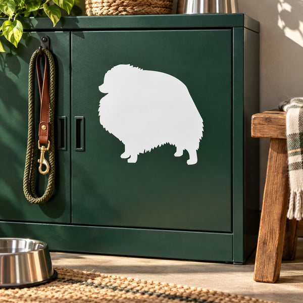 Groomed pomeranian dog decal, white cutout silhouette